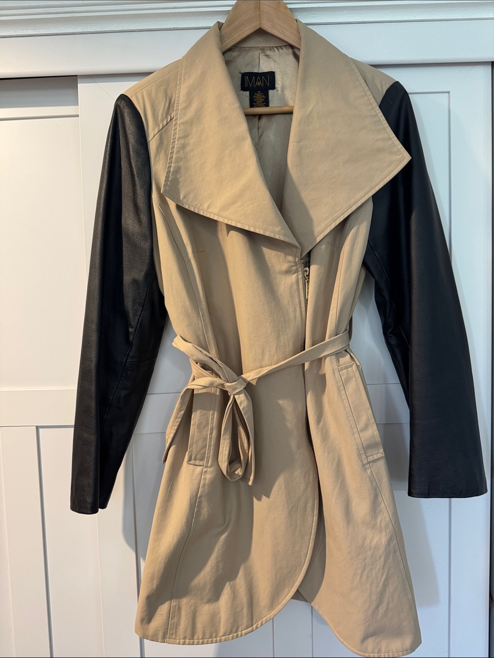 IMAN Beige Trench Coat with Black leather Sleeves